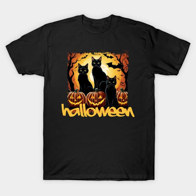 Black Cats on Halloween Night T-Shirt by YellowMadCat